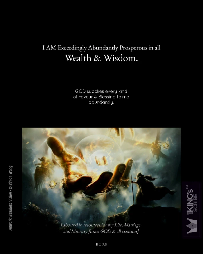 Woah! The design is predominantly inked on black. At the bottom, is a painting by Simon Wong, where, accompanied by the holy cherubim, in the heavens, a glorious scroll is being offered to the Lord’s servant. The text reads, “I AM Exceedingly Abundantly Propsperous in all Wealth & Wisdom. GOD supplies every kind of Favour & Blessing to me abundantly, I abound in resources for my Life, Marriage, and Ministry [unto GOD & all creation].”
