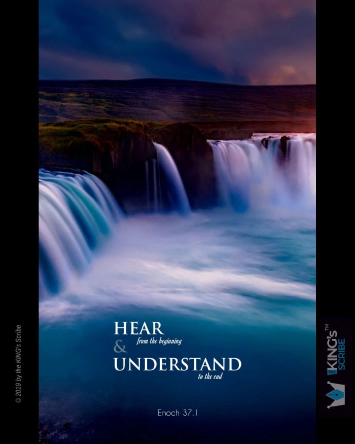The design, features, prominently, a beautiful, blue waterfall. At the bottom, the design’s text reads, “HEAR from the beginning; & UNDERSTAND to the end.”