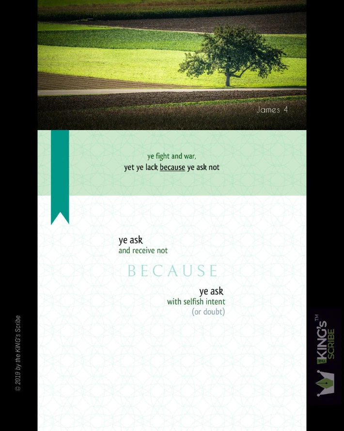 The image has a beautiful living theme - earthy tones and lush greens. In the photo, a lone tree stands in the fields. The design’s text reads, “ye fight and war, yet ye lack because ye ask not. ye ask and receive not BECAUSE ye ask with selfish intent (or doubt).”