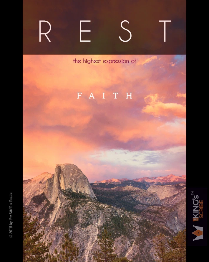 The apex of a rocky mountain. Peach-tinged clouds fill the sky. The designed text reads, “REST, the hughetst expression of FAITH.”