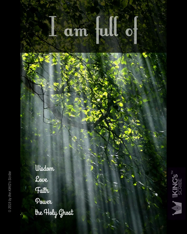 Rays of sunlight stream through the canopy of green — branches and leaves. The design is titled, “I am full of…” And at the bottom, a list, “Wisdom; Love; Faith; Power; the Holy Ghost.”