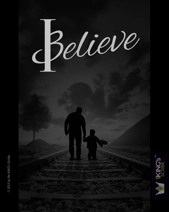 Oh, I can stare at this all day. The background is a dark, unsaturated photo of a father and his boy walking along a train track. The boy’s father is slouched over to the side just to keep hands linked. The open sky lies before them; with a mountain to the right, and a tree to the left. The text reads, “I Believe” - with the I and the B, fused to form one character.