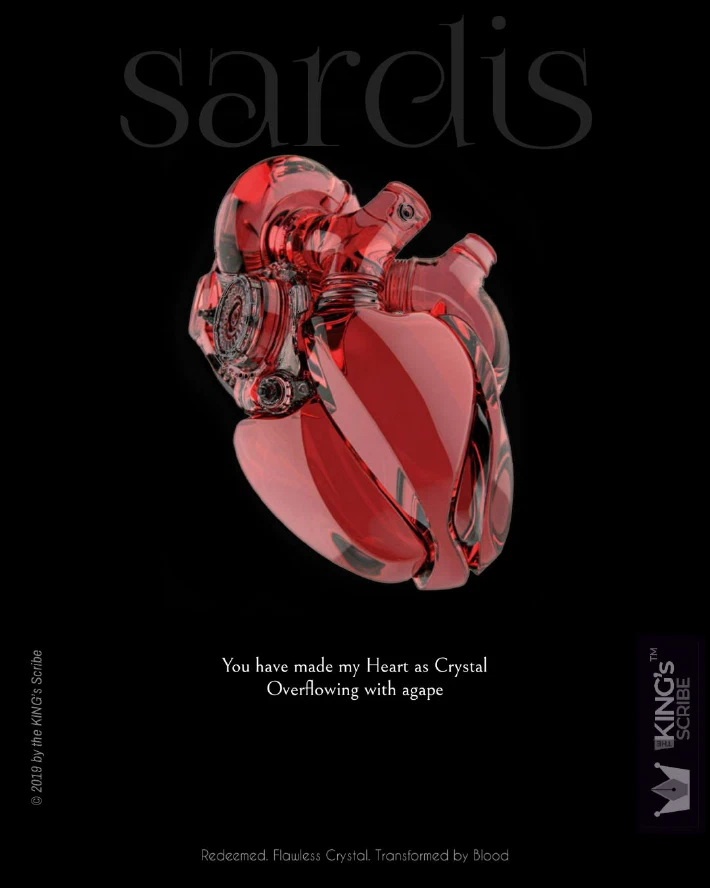 The design prominently features a photo of a heart made of red crystal. The text reads, “Sardis: You have made my Heart as Crystal. Overflowing with agape… Redeemed. Flawless Crystal. Transformed by blood.”