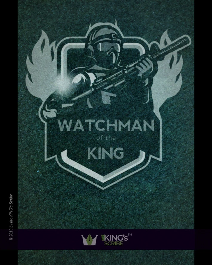 Depicted in monochrome, is a badge. A shield with flames on each side. In it, stands a warrior in full body armour - helmet, mask, goggles, gloves - rifle held ready. The badge reads, “WATCHMAN of the KING”